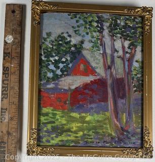 Giltwood Framed Oil of Barn Signed by Artist Jennie Mae McGuire