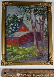 Giltwood Framed Oil of Barn Signed by Artist Jennie Mae McGuire