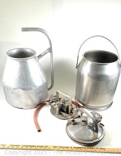 Vintage Milking Equipment Including a Stainless Steel Milk Can and Components of an EMPIRE Milking Machine. 
