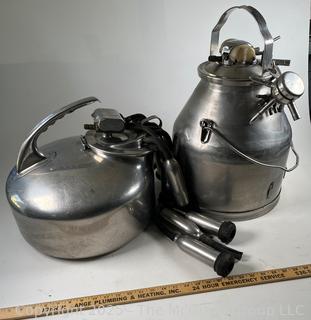 Two Mid 20th C Milking Machines and 5 Gal. Stainless Pails