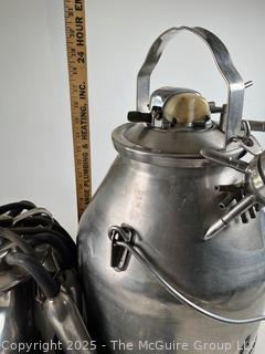 Two Mid 20th C Milking Machines and 5 Gal. Stainless Pails