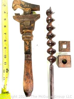 Grouping of Antique Hand Tools Including Monkey Wrench, Hand Drill Bit,  Pliers and Drawshave