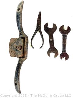 Grouping of Antique Hand Tools Including Monkey Wrench, Hand Drill Bit,  Pliers and Drawshave