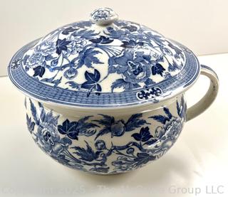 Antique Wedgewood & Co. England Chamber Pot with Lid & Handle Semi-Porcelain Blue Floral Transfer