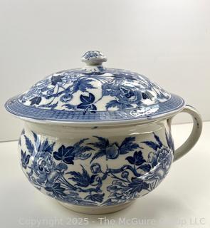 Antique Wedgewood & Co. England Chamber Pot with Lid & Handle Semi-Porcelain Blue Floral Transfer