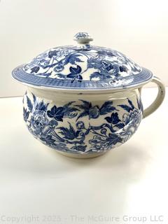 Antique Wedgewood & Co. England Chamber Pot with Lid & Handle Semi-Porcelain Blue Floral Transfer