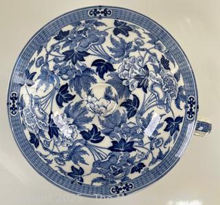 Antique Wedgewood & Co. England Chamber Pot with Lid & Handle Semi-Porcelain Blue Floral Transfer