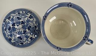 Antique Wedgewood & Co. England Chamber Pot with Lid & Handle Semi-Porcelain Blue Floral Transfer