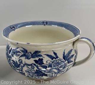 Antique Wedgewood & Co. England Chamber Pot with Lid & Handle Semi-Porcelain Blue Floral Transfer