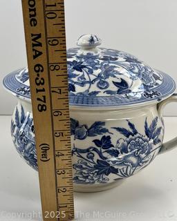 Antique Wedgewood & Co. England Chamber Pot with Lid & Handle Semi-Porcelain Blue Floral Transfer