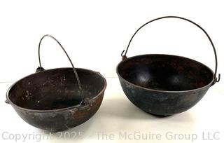 Two (2) Cast Iron Pots w/ Wire Bales for Cooking or Possibly Lead Smelting