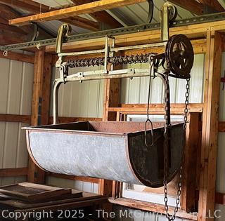 Hay or Manure Carrier System Used in Barns. System Comprised of a Large Metal Tub Suspended From a Track or Rail.
