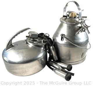 Two Mid 20th C Milking Machines and 5 Gal. Stainless Pails