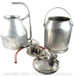 Vintage Milking Equipment Including a Stainless Steel Milk Can and Components of an EMPIRE Milking Machine. 
