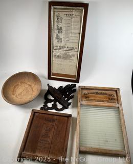 Washboards, Framed Washing Machine Information, Bowl Etc<br>

<br><br>

Removal Options:<br><br> Sat (Nov 8) & Sun (Nov 9) 11-3pm, 56 Scotch Hill Rd., Cambridge NY 12816<br><br>

Sat (Nov 15) 12-2pm, TMG Warehouse, 2800 Juniper St., Fairfax, VA 22031<br><br>

Request Shipping (david@themcguiregroupllc.com)