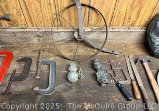 Eclectic Lot Including Jumper Cables, C Clamps, Tire Iron, License Plates and Hubcap
