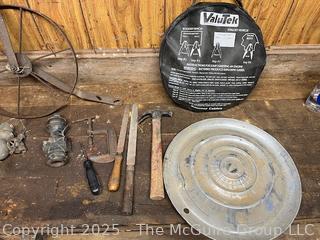 Eclectic Lot Including Jumper Cables, C Clamps, Tire Iron, License Plates and Hubcap