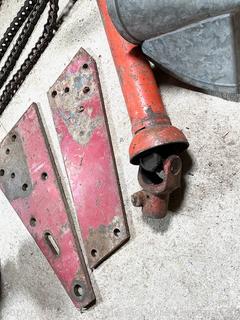 Grouping of Farm Tools and Supplies Including Chains, Grinder, Oil Cans and Barn Hinges. 