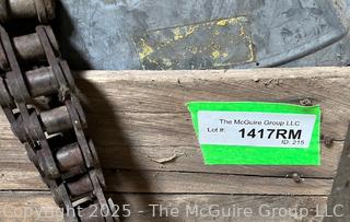 Grouping of Farm Tools and Supplies Including Chains, Grinder, Oil Cans and Barn Hinges. 
