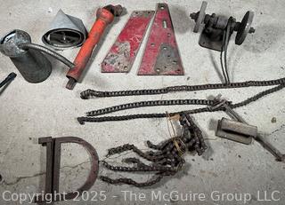 Grouping of Farm Tools and Supplies Including Chains, Grinder, Oil Cans and Barn Hinges. 