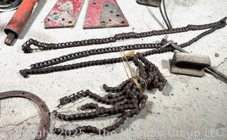 Grouping of Farm Tools and Supplies Including Chains, Grinder, Oil Cans and Barn Hinges. 