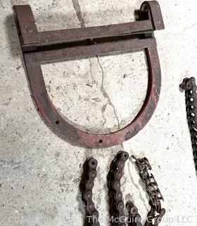 Grouping of Farm Tools and Supplies Including Chains, Grinder, Oil Cans and Barn Hinges. 