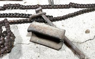 Grouping of Farm Tools and Supplies Including Chains, Grinder, Oil Cans and Barn Hinges. 