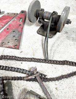 Grouping of Farm Tools and Supplies Including Chains, Grinder, Oil Cans and Barn Hinges. 