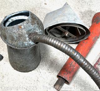 Grouping of Farm Tools and Supplies Including Chains, Grinder, Oil Cans and Barn Hinges. 