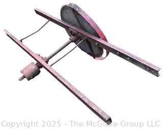 Vintage Circular Saw Blade Mounted on Frame That Attaches to a Tractor. Belt Driven. 