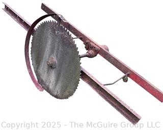 Vintage Circular Saw Blade Mounted on Frame That Attaches to a Tractor. Belt Driven. 