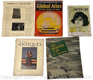 Grouping of Magazines Including American Collector, The American Magazine, The Magazines Antiques, Farm Broadcasting at WGY and Global Atlas of the World at War. 
