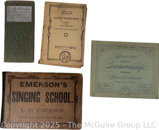Grouping of Books Including The Man Who Was Too Busy to Find the Child by Busbee, A Jolly Jingle Book by Laura Chandler, The Common School Course in Penmanship and Emersons Singing School