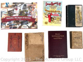 Grouping of Books Including Dairylea 100 Years of Service, Sears Roebuck 1909 Catalogue,  Dairy Laboratory Guide by Charles W. Melick, Little Pillows by Havergal and The Man Without a Country by Edward Everett Hale
 