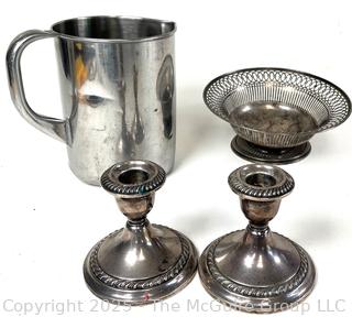 Servingware Including Sterling Weighted Candlesticks and Pierced Sterling Bowl