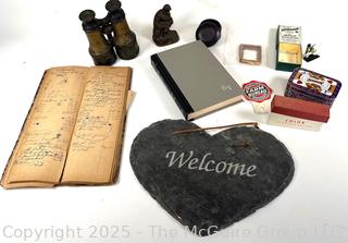 Group Including Slate Heart Welcome Sign, Brass Binoculars, Thinker Figurine Etc. 
