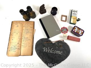 Group Including Slate Heart Welcome Sign, Brass Binoculars, Thinker Figurine Etc. 

