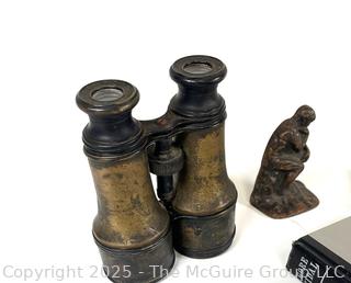 Group Including Slate Heart Welcome Sign, Brass Binoculars, Thinker Figurine Etc. 
