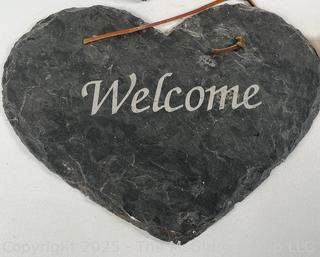 Group Including Slate Heart Welcome Sign, Brass Binoculars, Thinker Figurine Etc. 
