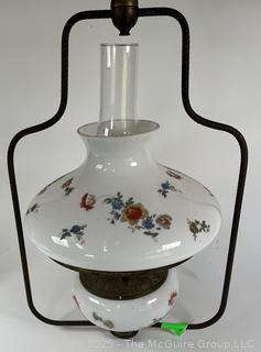 Milk Glass with Painted Flowers Hanging Hurricane Oil Lamp 