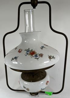 Milk Glass with Painted Flowers Hanging Hurricane Oil Lamp 