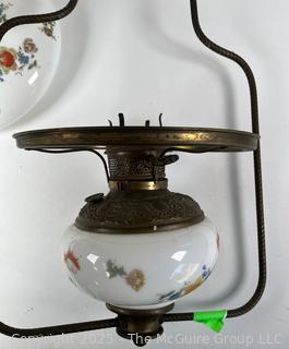 Milk Glass with Painted Flowers Hanging Hurricane Oil Lamp 