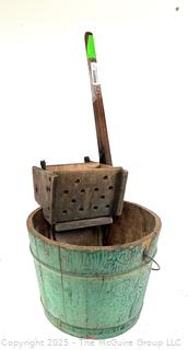 Wooden Wash bucket and Wringer with Original Green Paint and Stenciling.