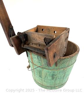 Wooden Wash bucket and Wringer with Original Green Paint and Stenciling.