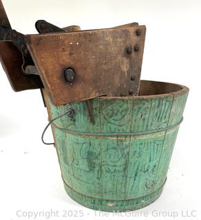 Wooden Wash bucket and Wringer with Original Green Paint and Stenciling.