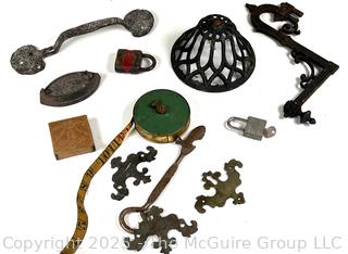 Eclectic Grouping Including Brass Hardware, Padlocks and Cloth Tape Measure 