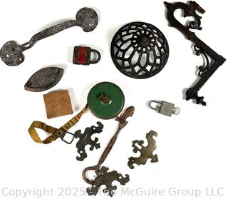 Eclectic Grouping Including Brass Hardware, Padlocks and Cloth Tape Measure 