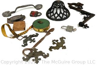 Eclectic Grouping Including Brass Hardware, Padlocks and Cloth Tape Measure 