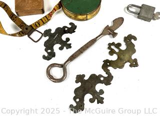 Eclectic Grouping Including Brass Hardware, Padlocks and Cloth Tape Measure 