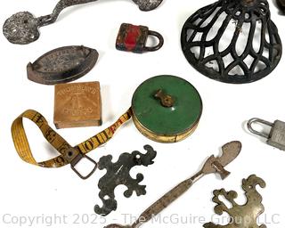 Eclectic Grouping Including Brass Hardware, Padlocks and Cloth Tape Measure 